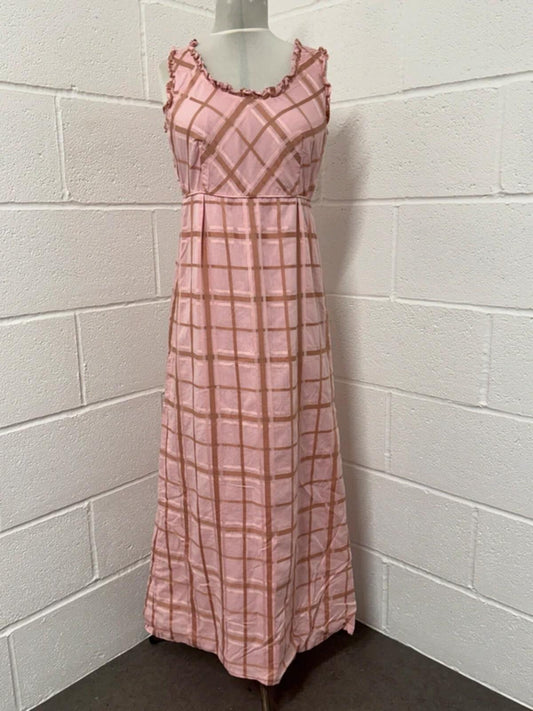 Vintage 1970s Pink & Brown Plaid Ruffle Maxi Dress | Size 8-10