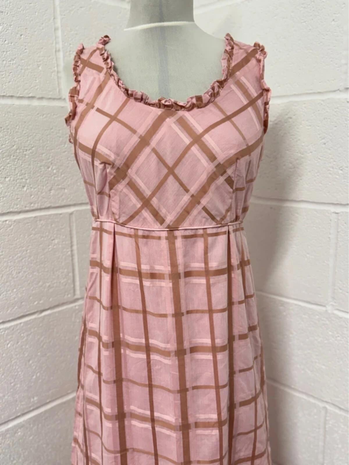 Vintage 1970s Pink & Brown Plaid Ruffle Maxi Dress | Size 8-10