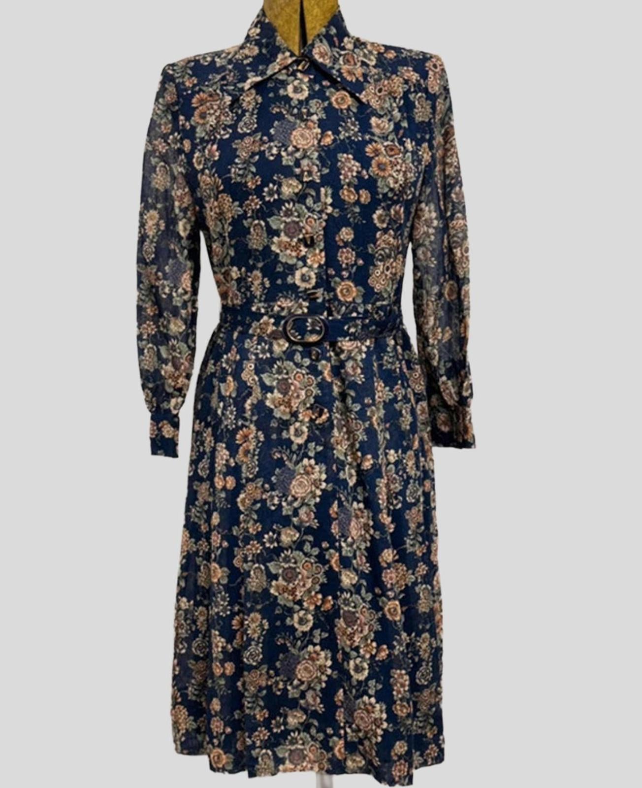 Vintage Japanese Floral Shirt Dress - Navy Blue with Earth Tones | 60s/70s | UK 12-14