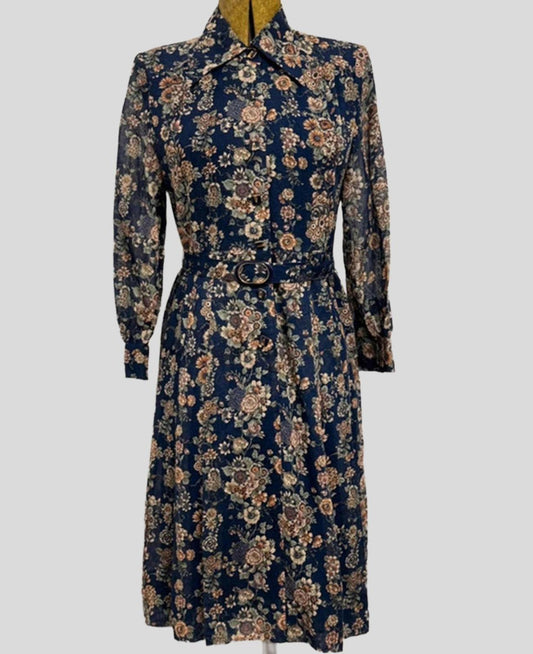 Vintage Japanese Floral Shirt Dress - Navy Blue with Earth Tones | 60s/70s | UK 12-14