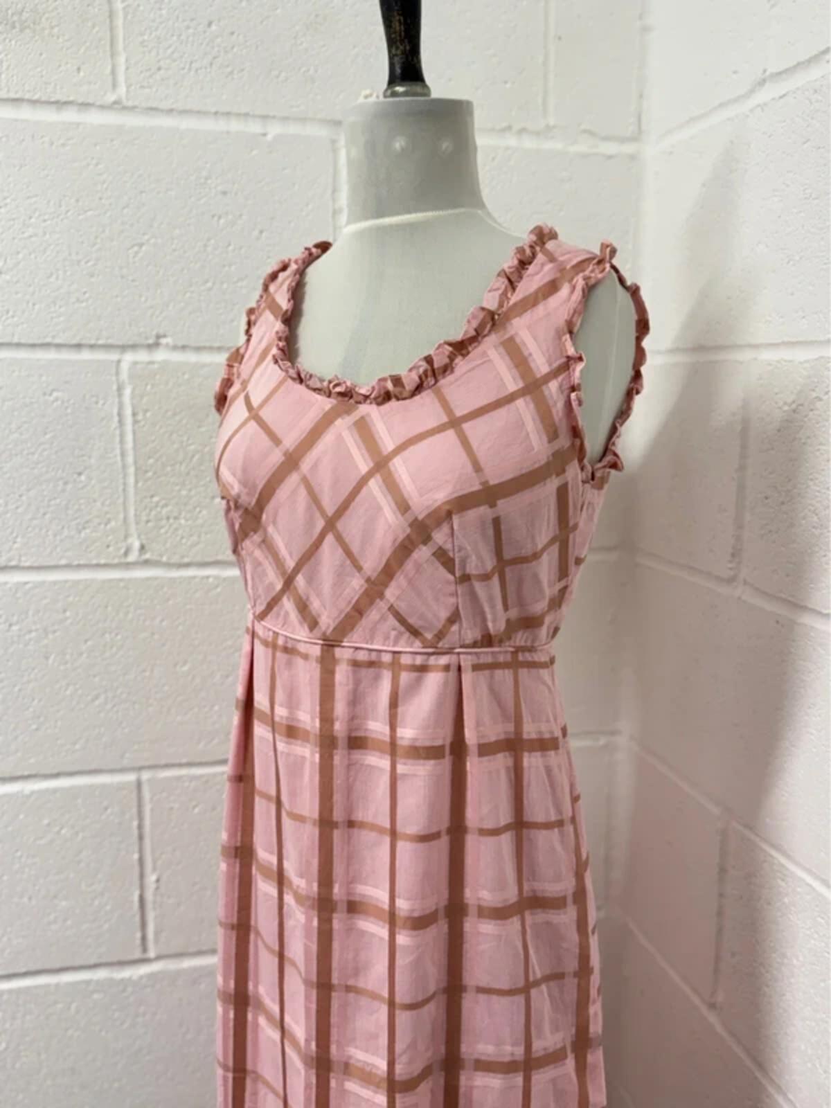 Vintage 1970s Pink & Brown Plaid Ruffle Maxi Dress | Size 8-10