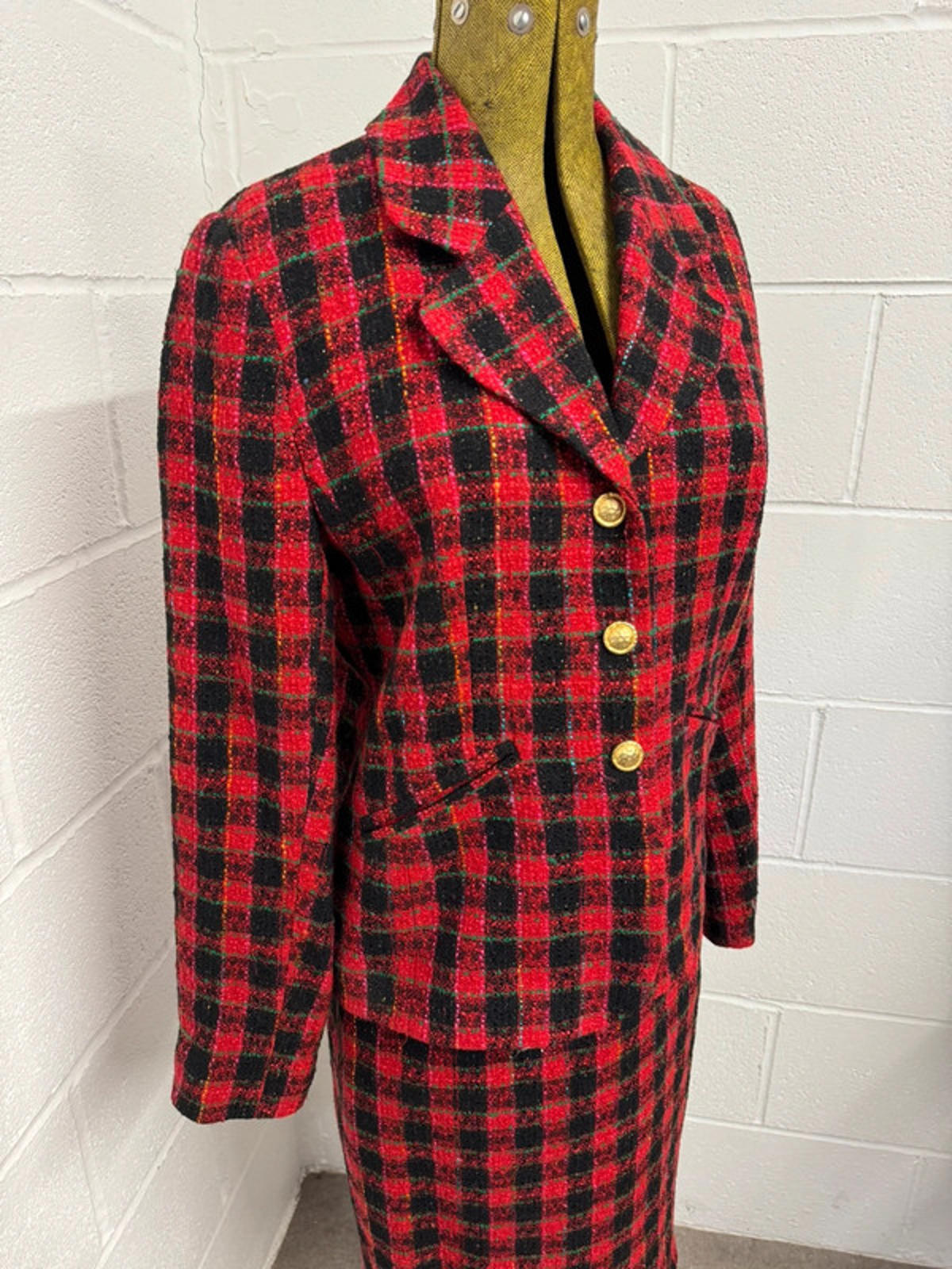 Vintage House of Fraser Red Plaid Skirt Suit - 90s Tweed Set - Size 12