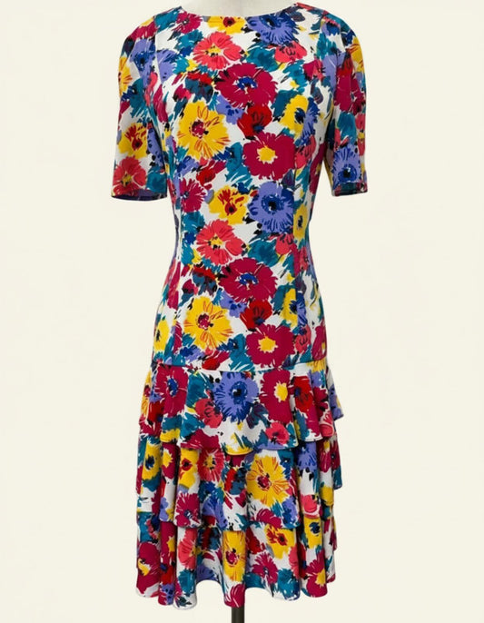 Vintage 1980s Floral Tiered Midi Dress | Ruffle Neck | Size 12 (UK)