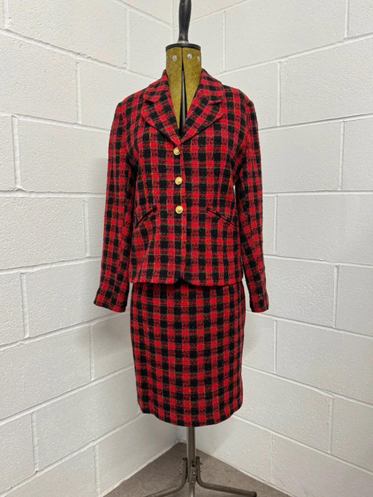 Vintage House of Fraser Red Plaid Skirt Suit - 90s Tweed Set - Size 12