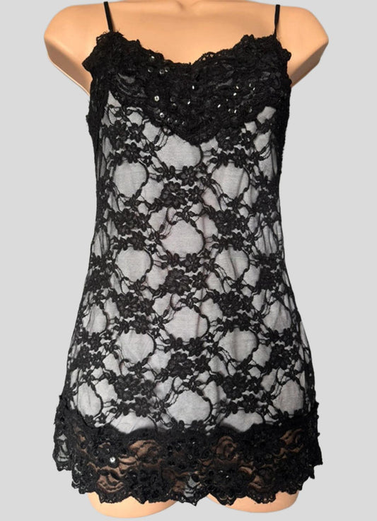 Vintage Y2K Black Sequin & Lace Camisole by Studio Y Size Small