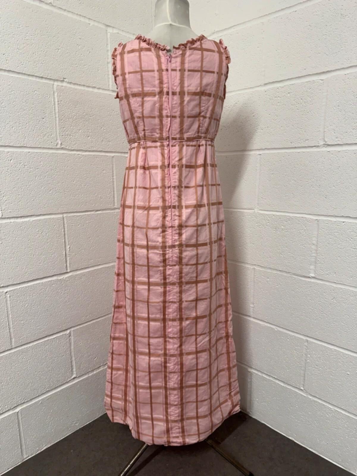 Vintage 1970s Pink & Brown Plaid Ruffle Maxi Dress | Size 8-10