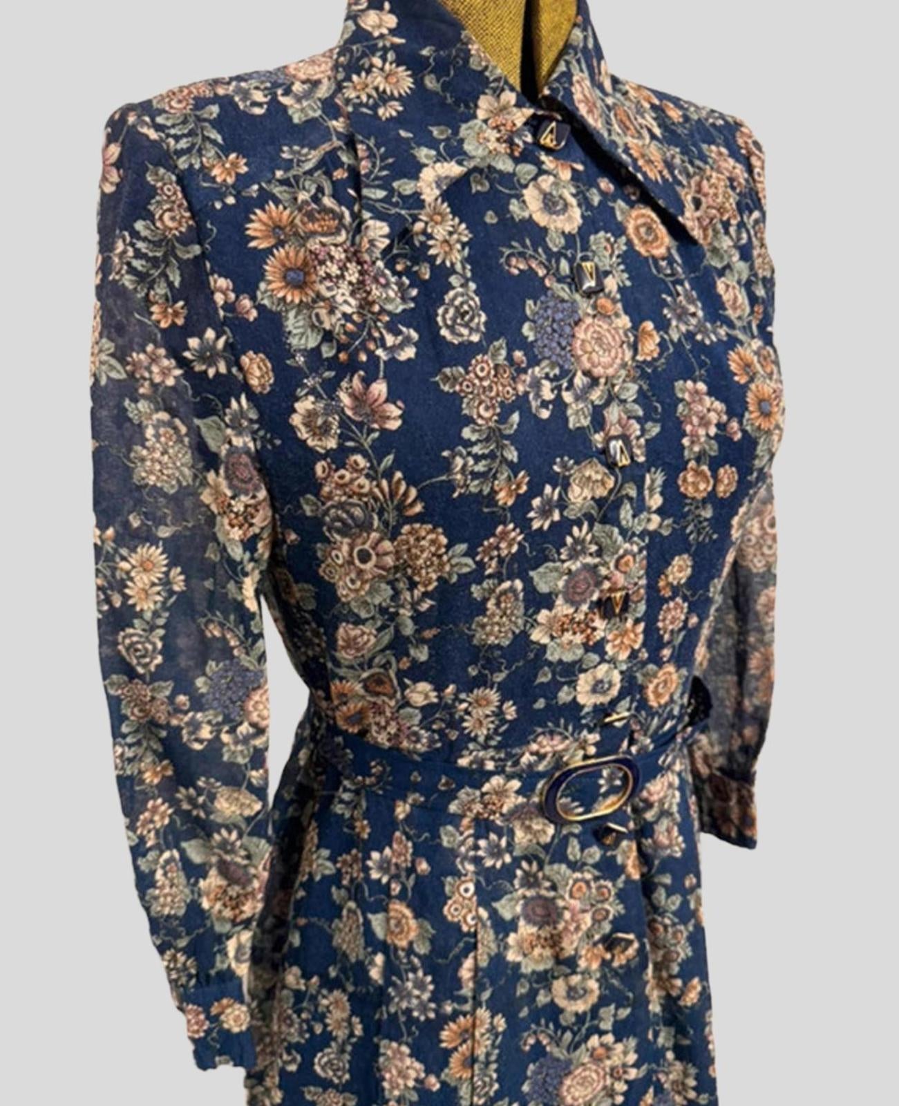 Vintage Japanese Floral Shirt Dress - Navy Blue with Earth Tones | 60s/70s | UK 12-14