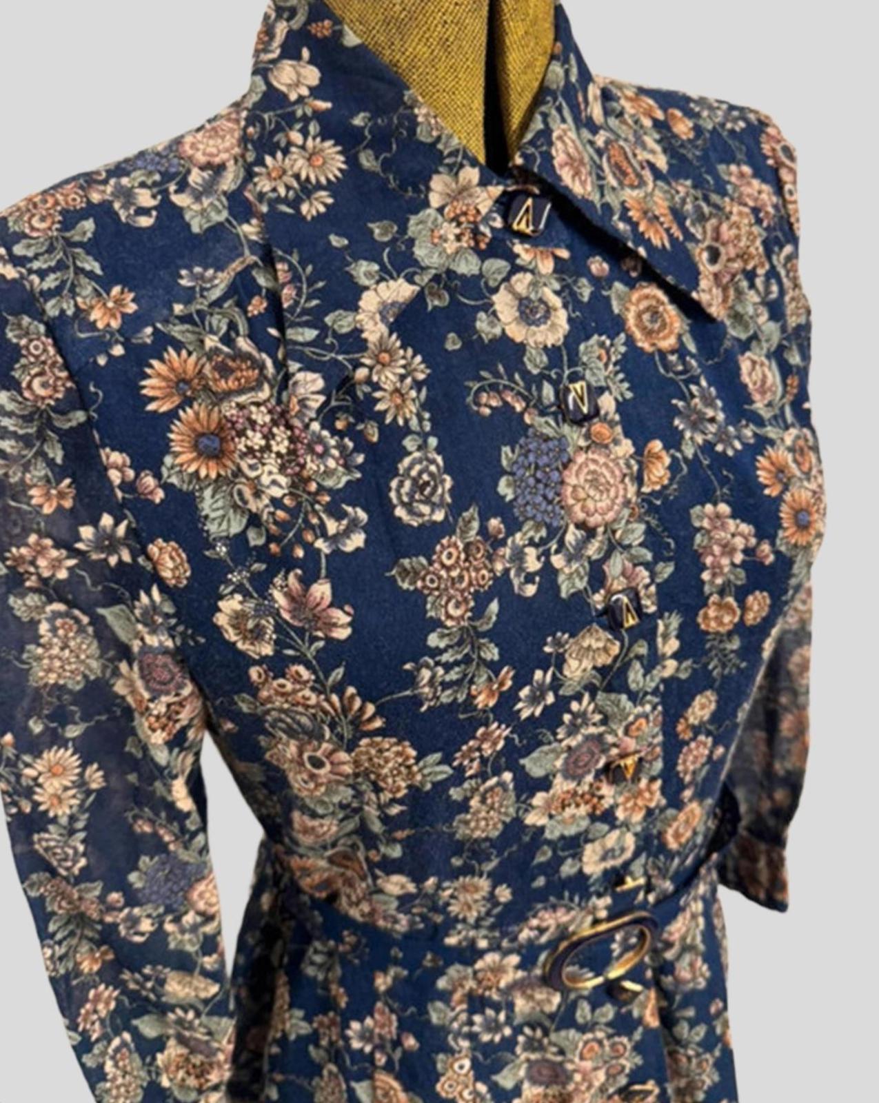 Vintage Japanese Floral Shirt Dress - Navy Blue with Earth Tones | 60s/70s | UK 12-14
