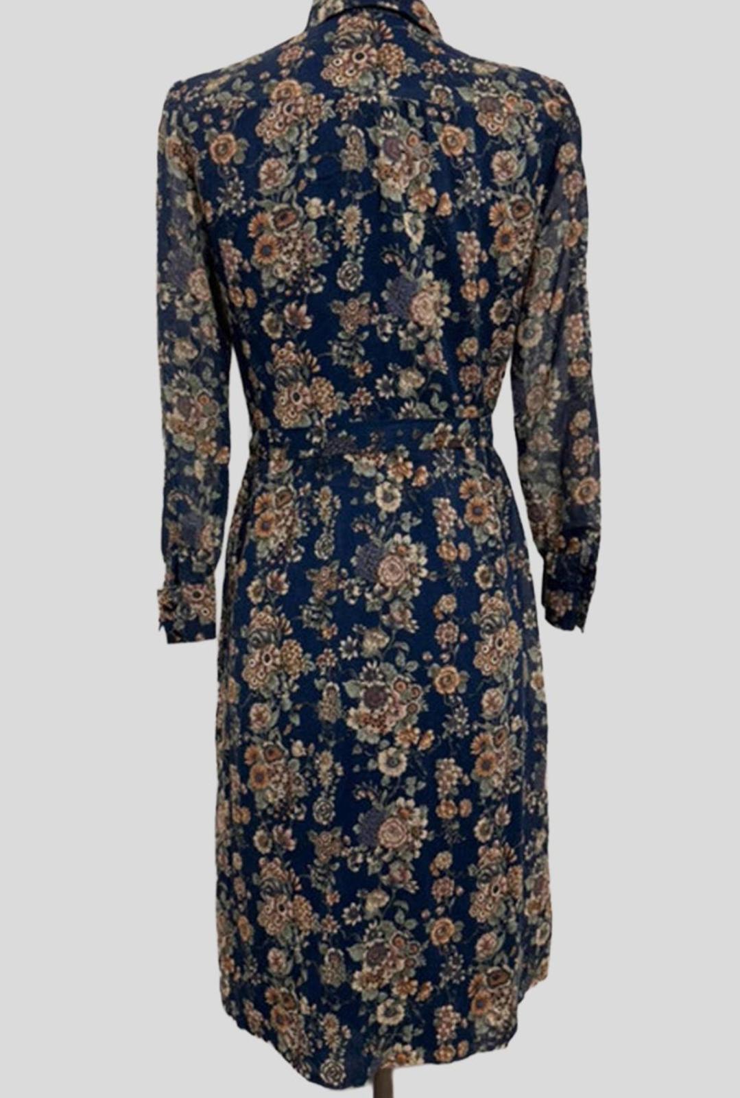 Vintage Japanese Floral Shirt Dress - Navy Blue with Earth Tones | 60s/70s | UK 12-14